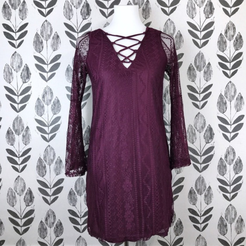 Burgundy Bell Sleeve Lace Shift Dress